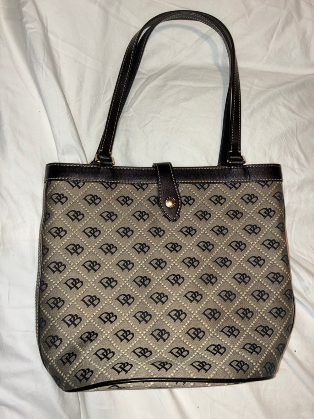 Dooney & Bourke DB Monogram Canvas Tote Bag | Black Leather Trim & Straps